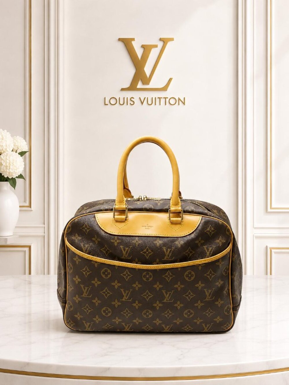 Authentic Louis Vuitton Deauville Monogram Canvas Brown Top Handle Travel Bag